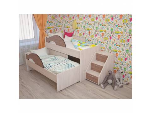Кровать 2-х ярусная выкатная с ящиком и лестницей Радуга ясень