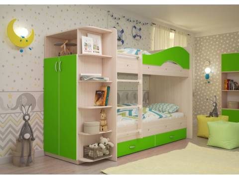 Двухъярусная кровать со шкафом Мая латофлексы лайм