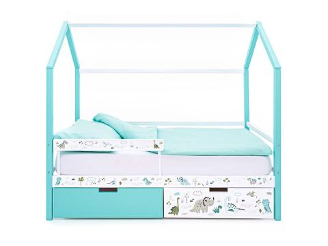 Кровать-домик Svogen с фото с ящиками и бортиком мятный/динозаврики