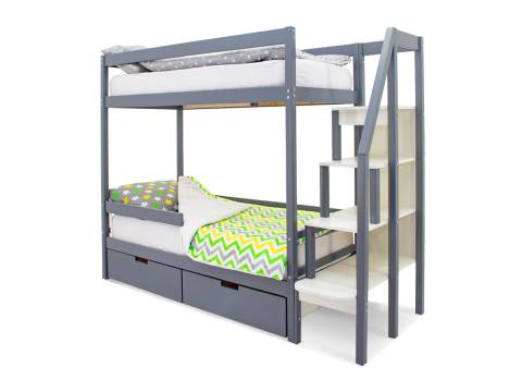 Двухъярусная кровать Svogen с ящиками и бортиком графит