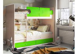 Кровать двухъярусная Тетрис латы с бортиками дуб млечный-лайм