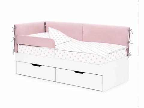 Детская мягкая кровать Denvas с бортиком и ящиками пыльная роза