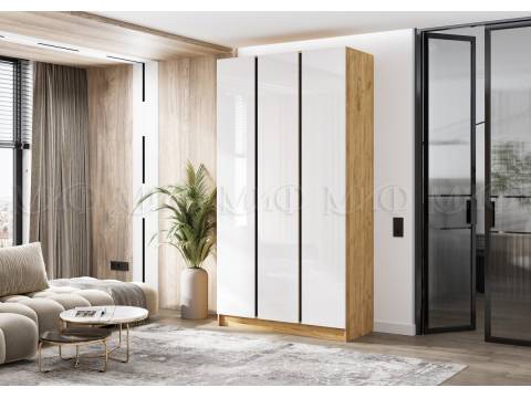 Шкаф трехстворчатый Келвин (1200) Белый Глянец, Дуб Крафт-вставка черная