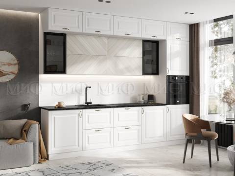 Кухня Престиж 3000 мм Компоновка №2 Браш Вайт/Прайм жемчуг